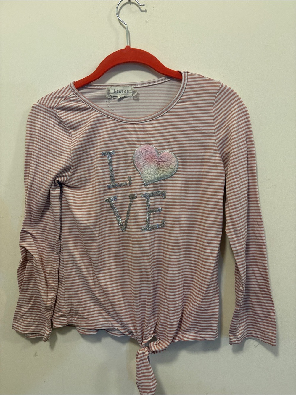btween Pink & White Striped Tie-Hem Long Sleeve Top